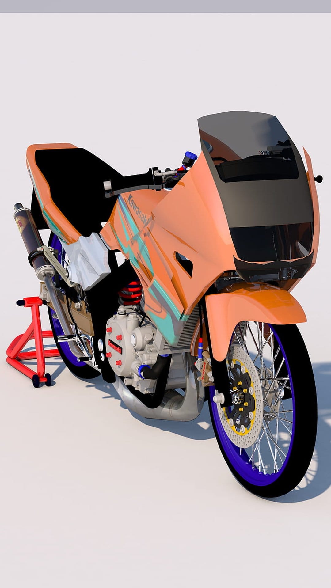 Orange Kawasaki motorcycle with blue rims and turquoise graphics on a red stand against a white background.