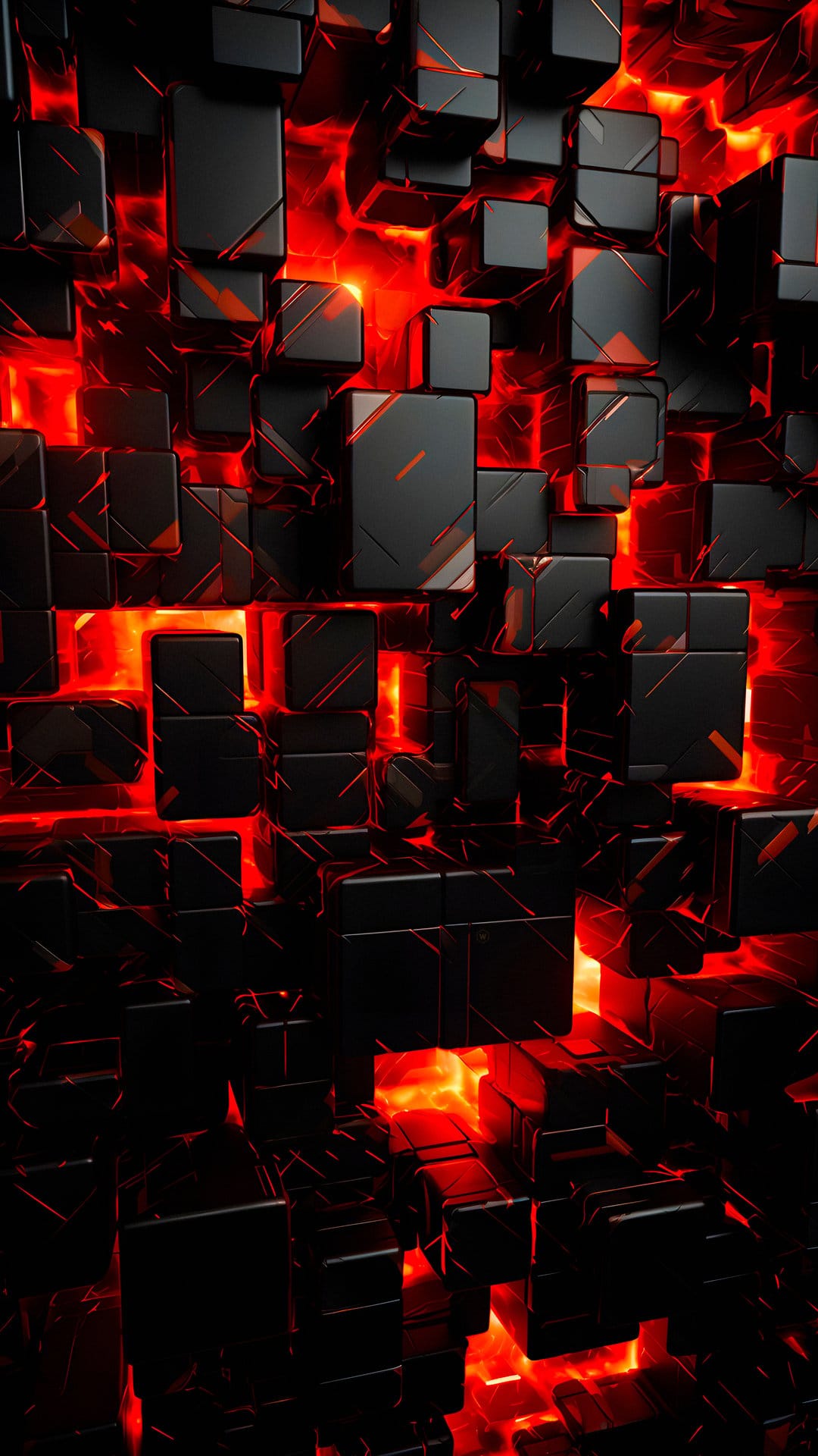 Sharp black cubes clustered together with intense red light glowing from within the deep narrow gaps.