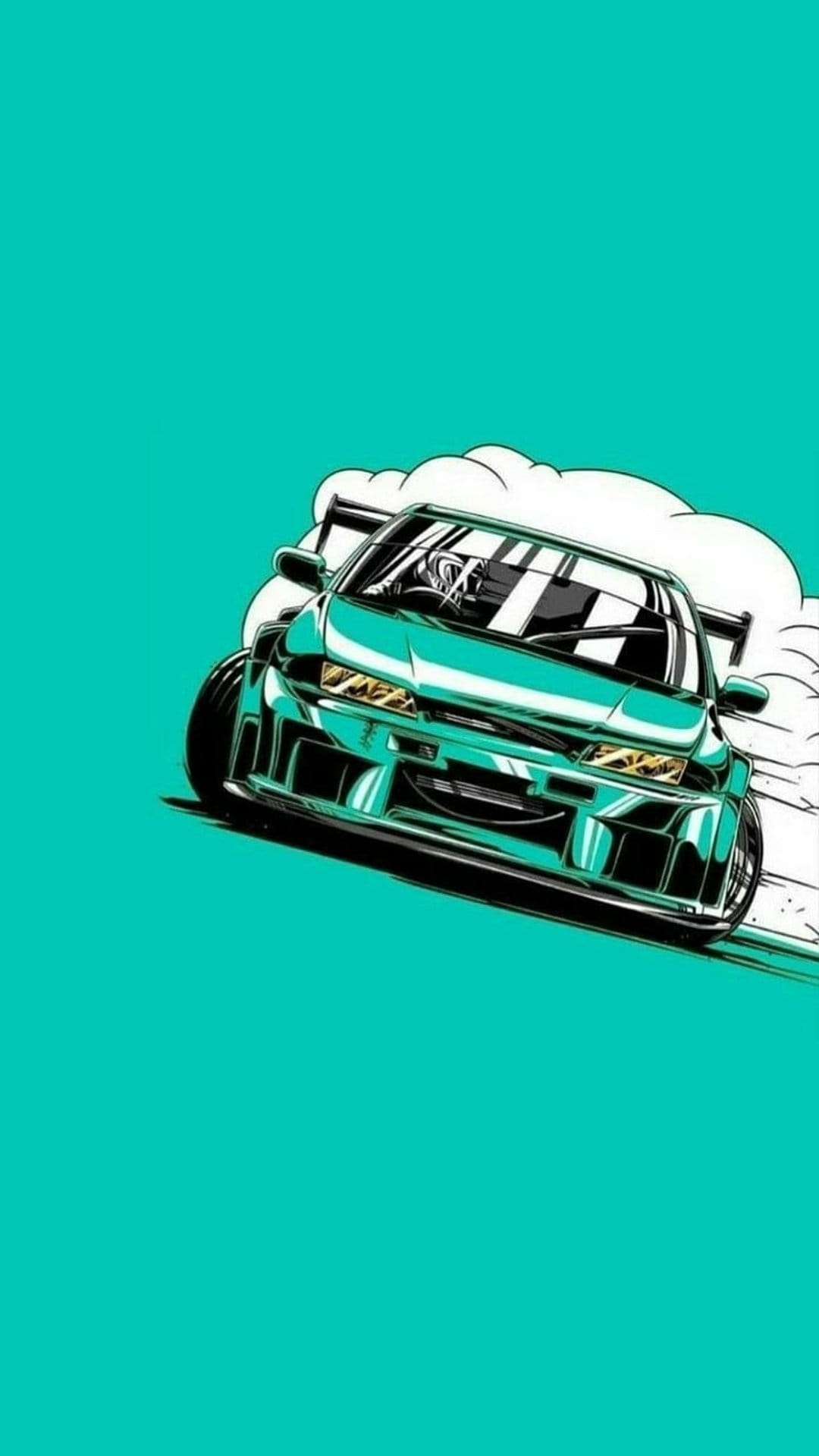 Teal sports car drifting with thick white tire smoke against a solid blue-green background with bold outlines.