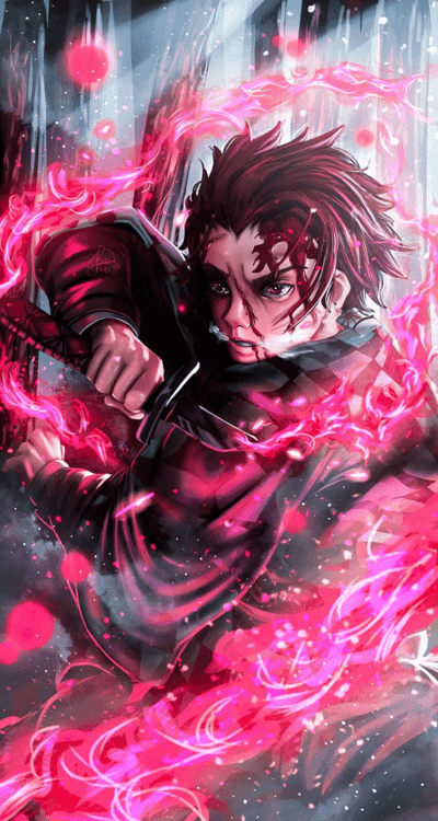tanjiro kamado, demon slayer,anime,guy,warrior,katana,wounds,magic,pink,art