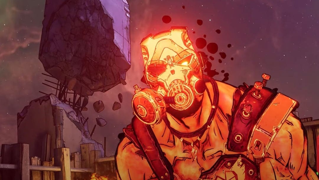 Masked Psycho bandit with glowing orange eyes stands before floating debris in a dark starry sky backdrop.