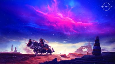 Rugged spaceship on a rocky alien planet under a glowing pink and blue cosmic nebula in the dark night sky.