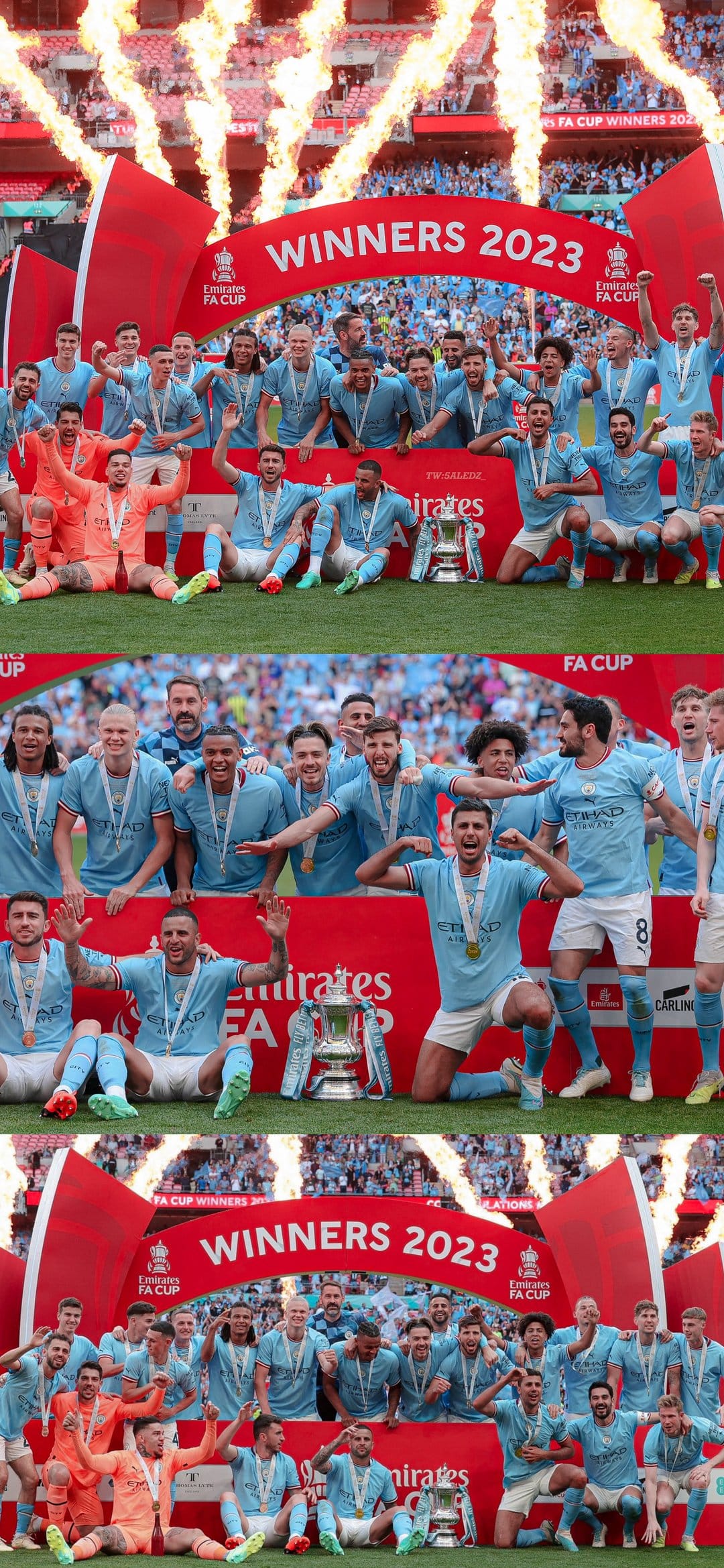 Manchester City football players in blue jerseys lift the FA Cup trophy surrounded by gold medals and stadium smoke.