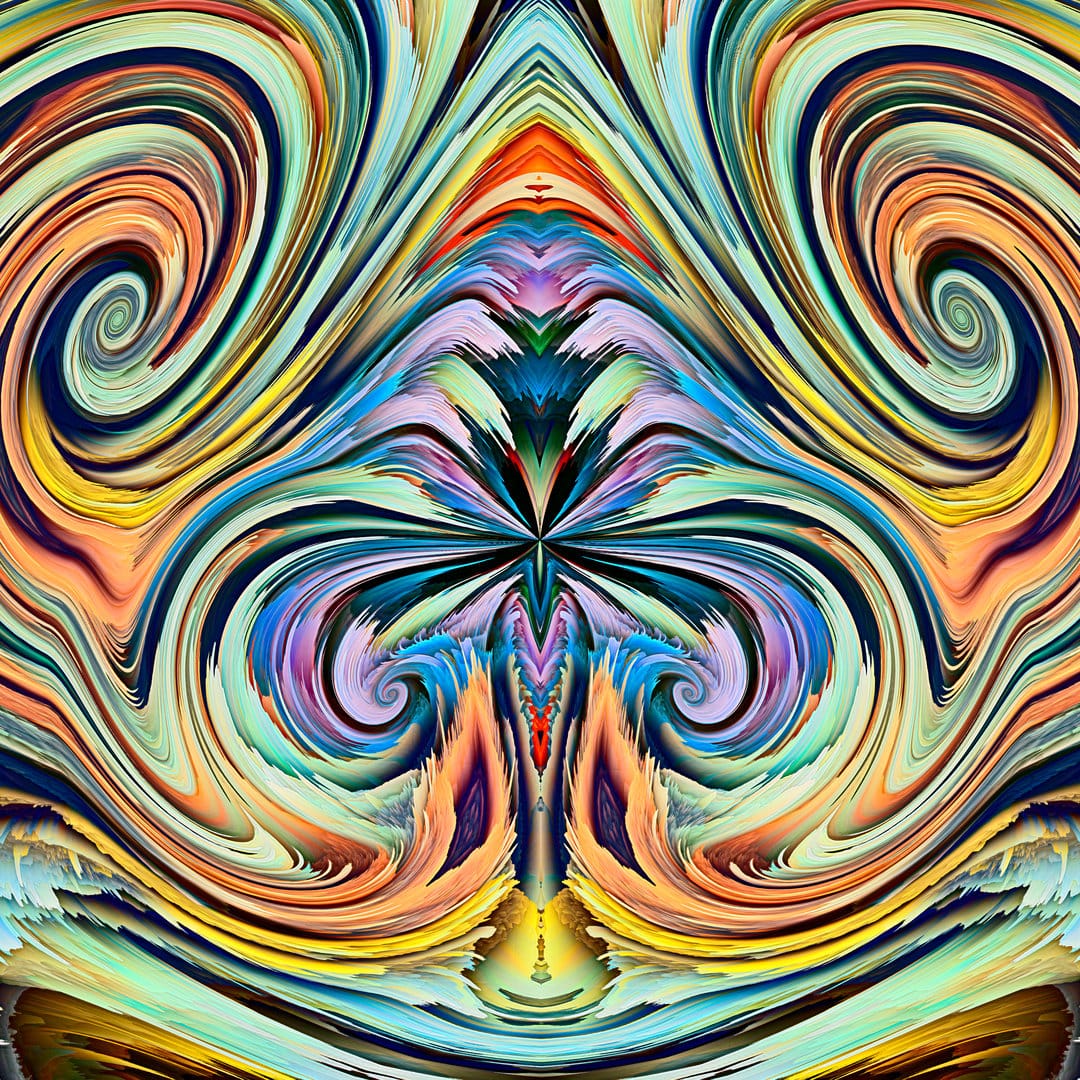 Symmetrical swirls of blue, purple, and orange liquid pigments form a mirror-image psychedelic spiral pattern.