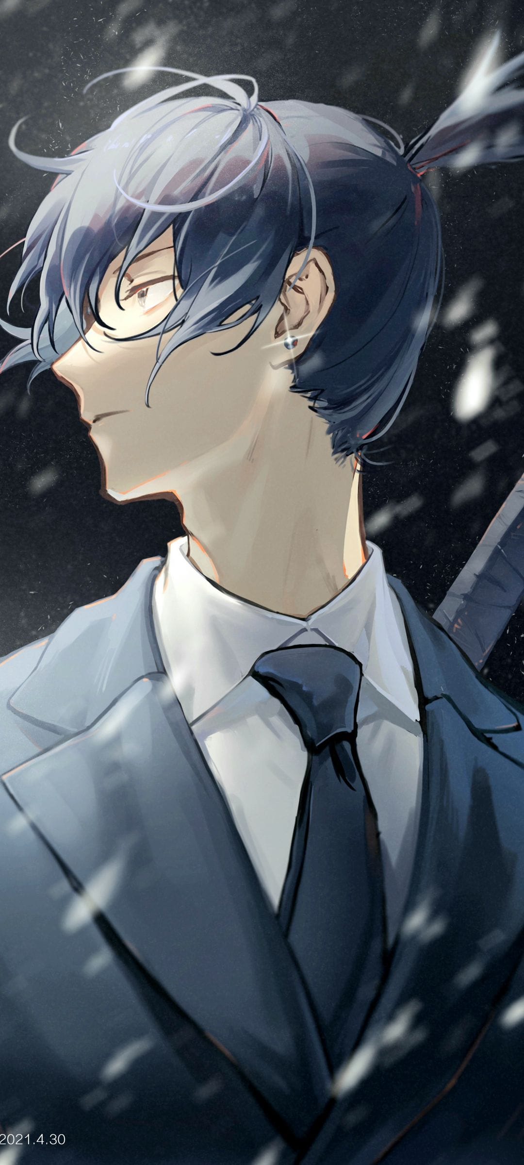 Blue-haired man with glasses and a ponytail wears a dark suit with a sword hilt visible against a snowy backdrop.