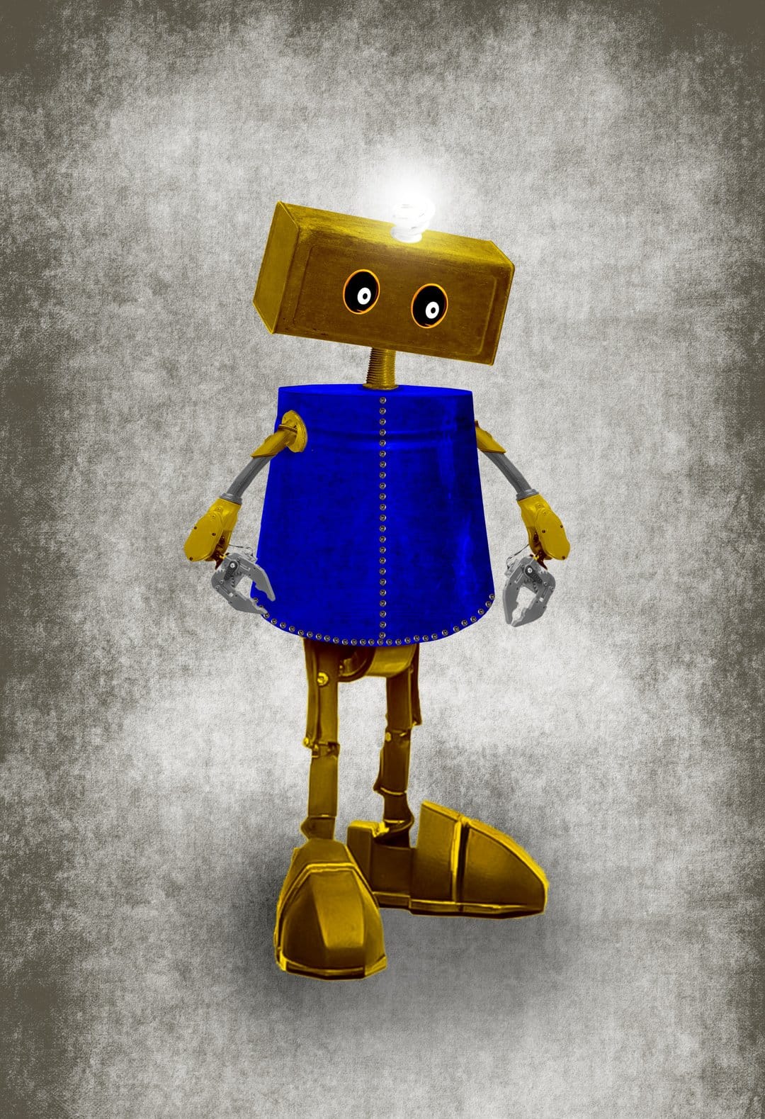 Retro robot with a blue cylindrical body and gold limbs stands against a dark gray textured background.
