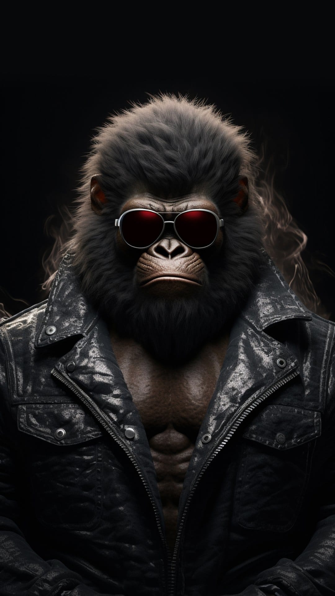 Gorilla wearing a black leather jacket and red sunglasses stares forward amidst swirling grey smoke.