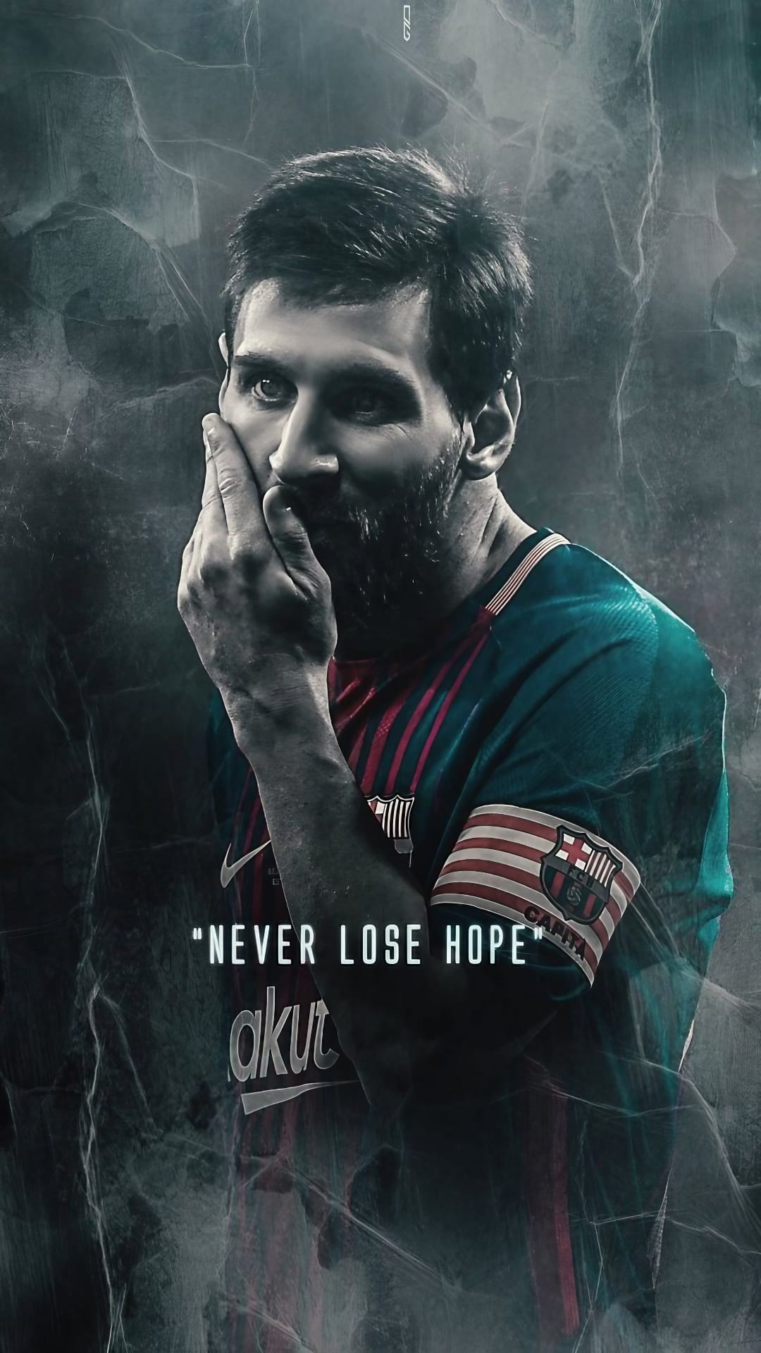 Lionel Messi stares thoughtfully against a dark textured background with the text Never Lose Hope inscribed.