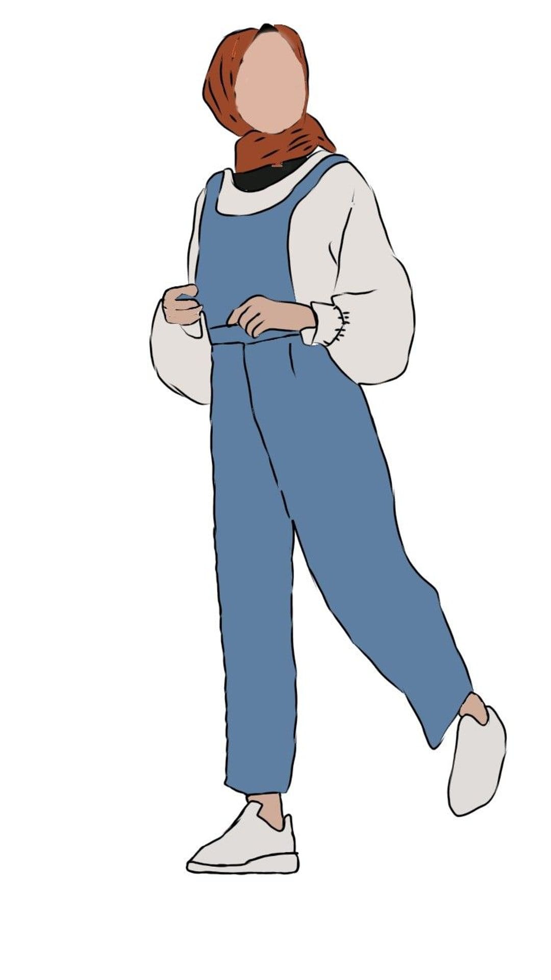 Stylish woman in a rust hijab and blue overalls stands in a casual pose against a minimalist backdrop.