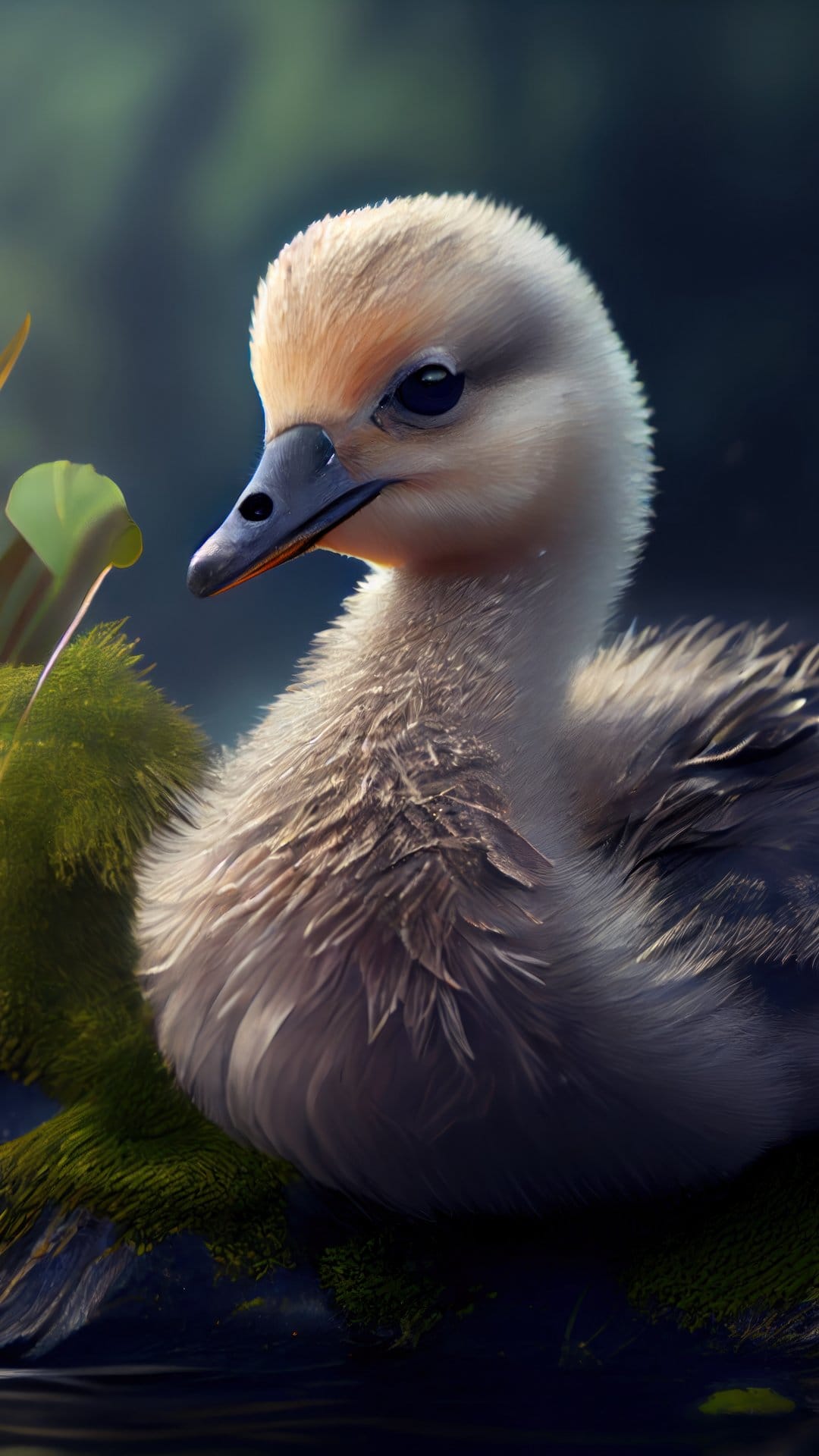 Fluffy yellow duckling with dark eyes rests on green moss near a calm pond with a soft blurred forest background.