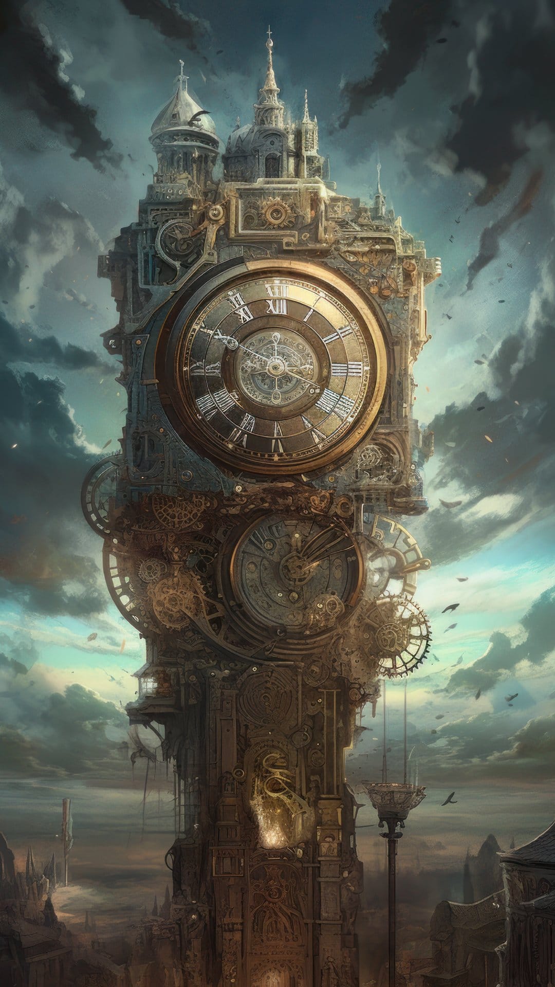 Massive brass clock tower with spinning gears and intricate spires standing against a dark stormy sky.