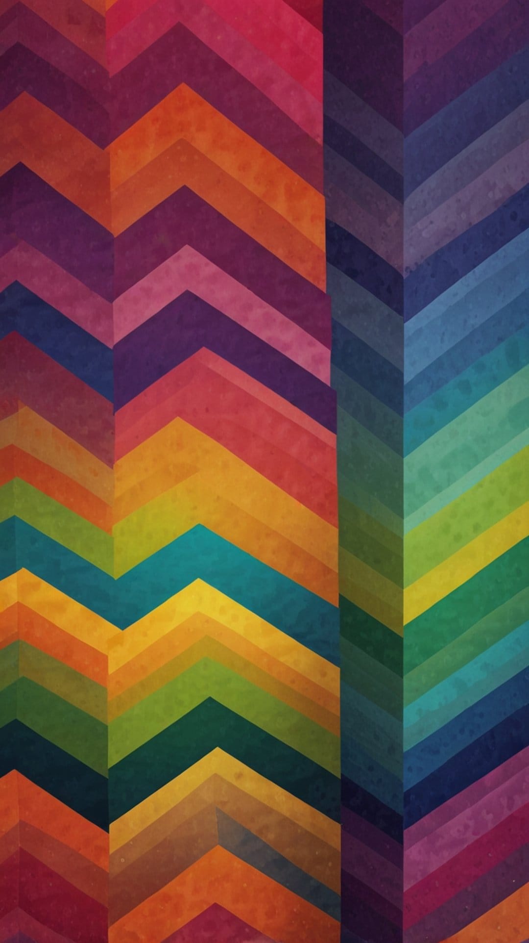 Rainbow chevron pattern with a grainy texture flows through violet, blue, and orange geometric zigzags.
