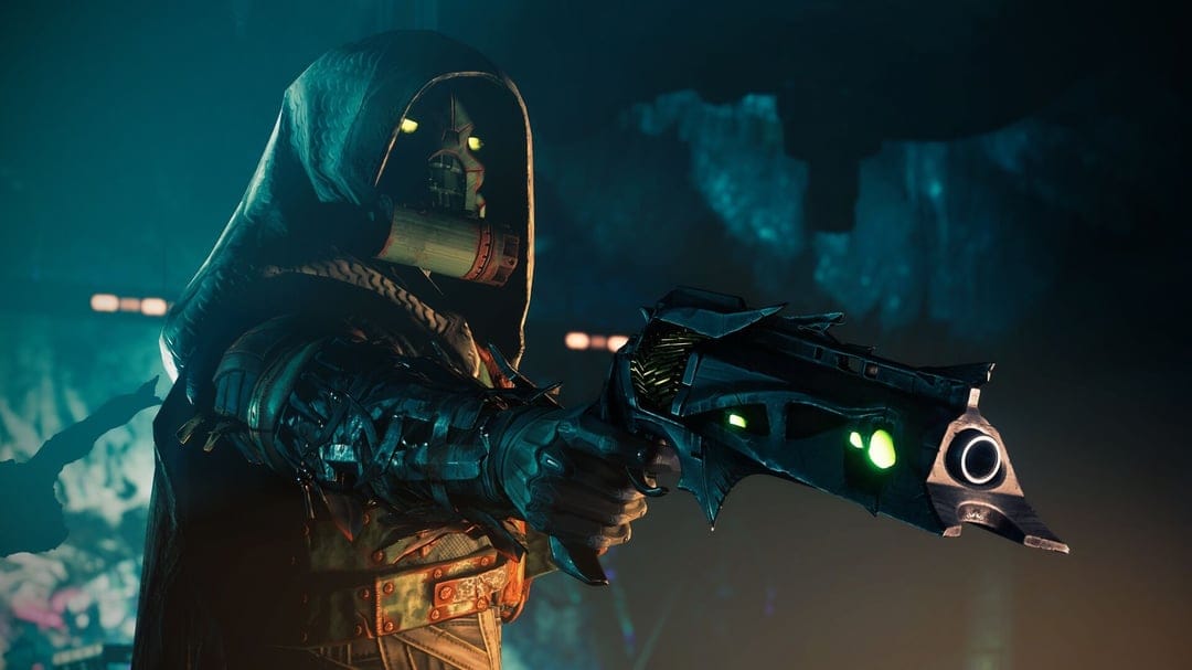 Hooded hunter in a gas mask aims a glowing jagged hand cannon in a dark teal-lit sci-fi environment.