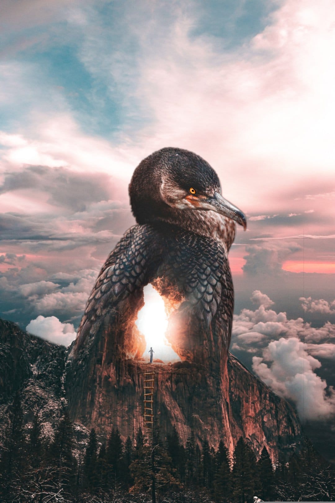 Solitary figure climbs a ladder toward a radiant cave opening inside a massive bird-shaped mountain at sunset.
