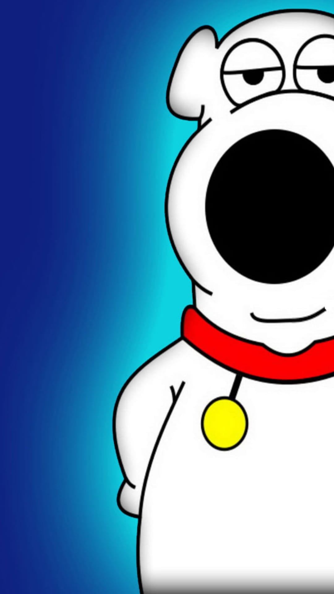 Brian Griffin with a red collar and sleepy eyes stands before a teal gradient on a vertical mobile backdrop.