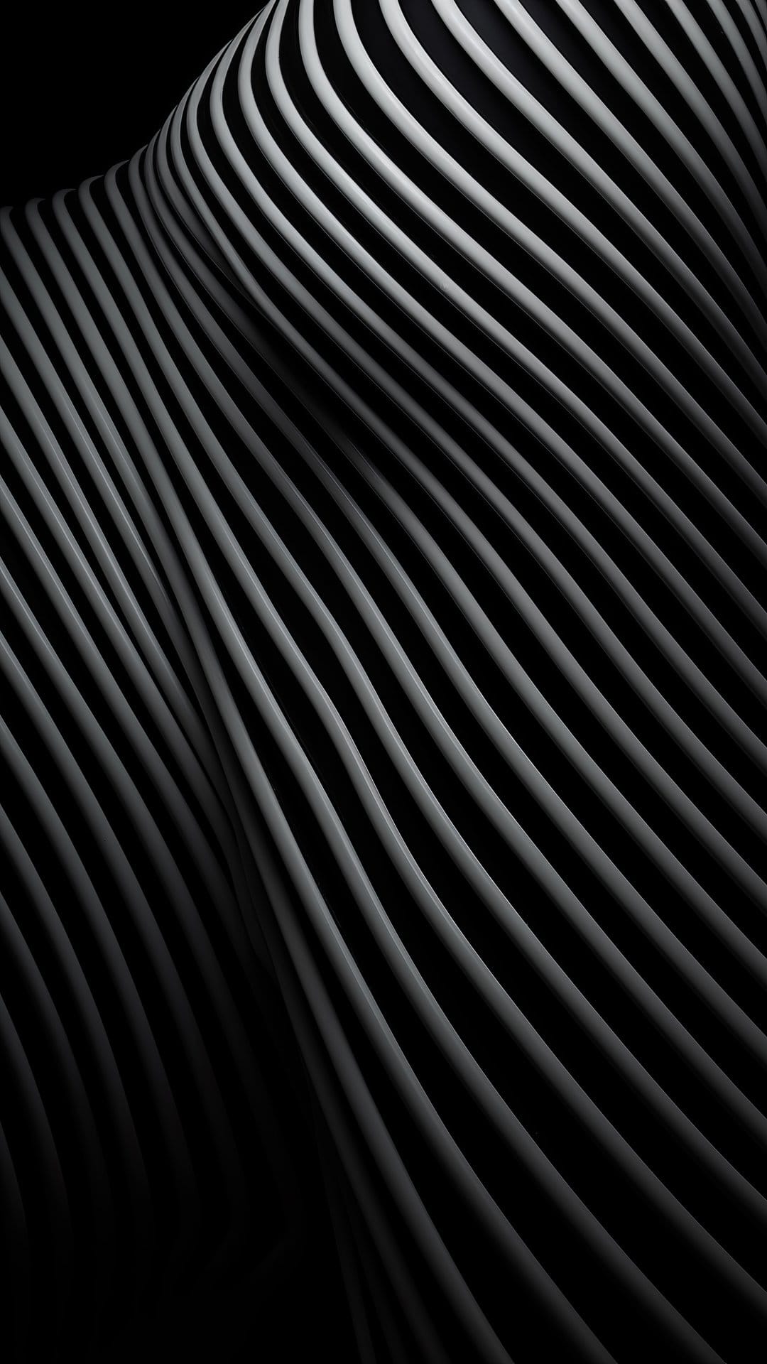 Parallel black and white curved stripes flow vertically with soft shadows creating a 3D undulating effect.