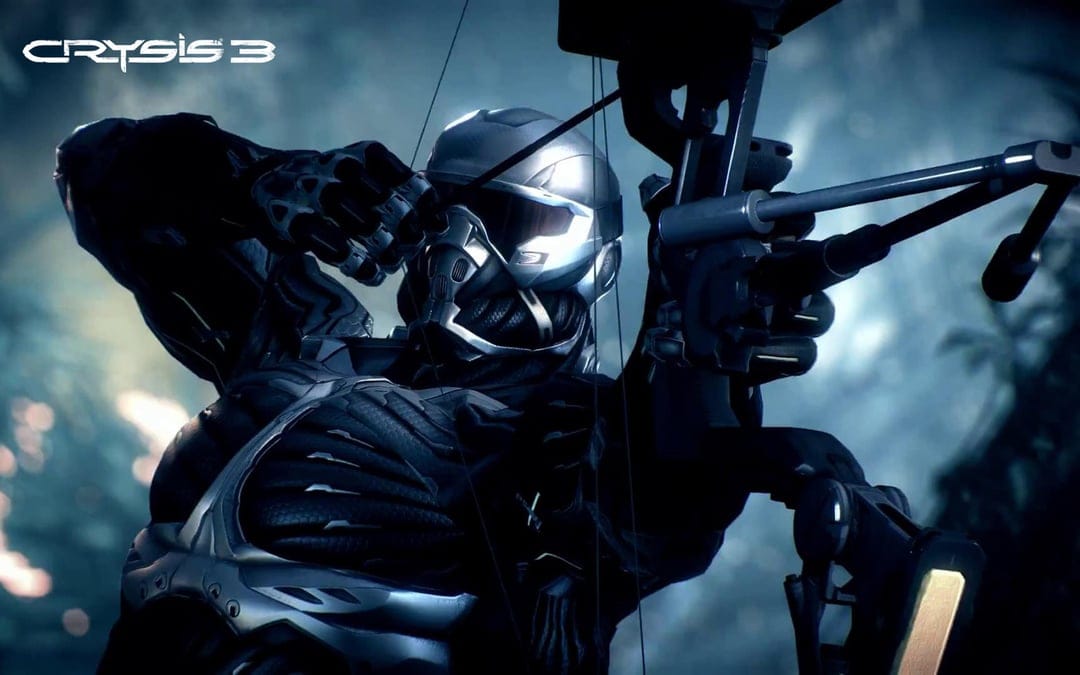 Prophet in a metallic Nanosuit aiming a Predator bow in a dark blue-lit atmospheric setting from Crysis 3.