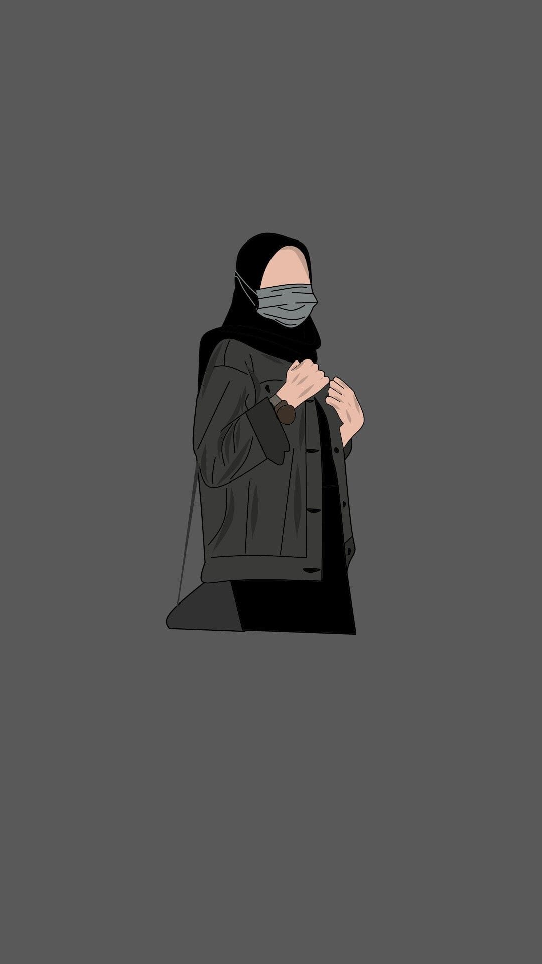 Person wearing a black hijab, grey face mask, and dark jacket against a plain light grey background.