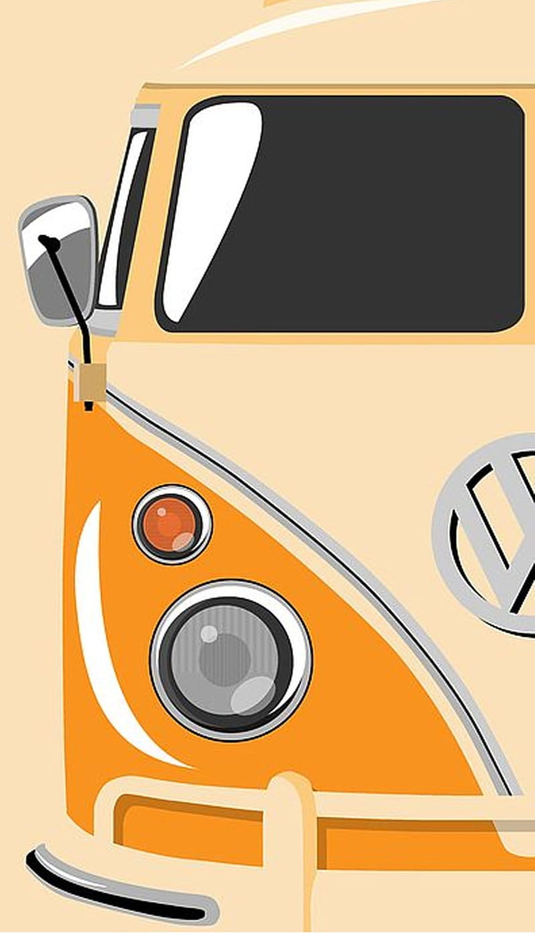 Orange and cream vintage Volkswagen bus front with round headlights, side mirrors, and a chrome logo.
