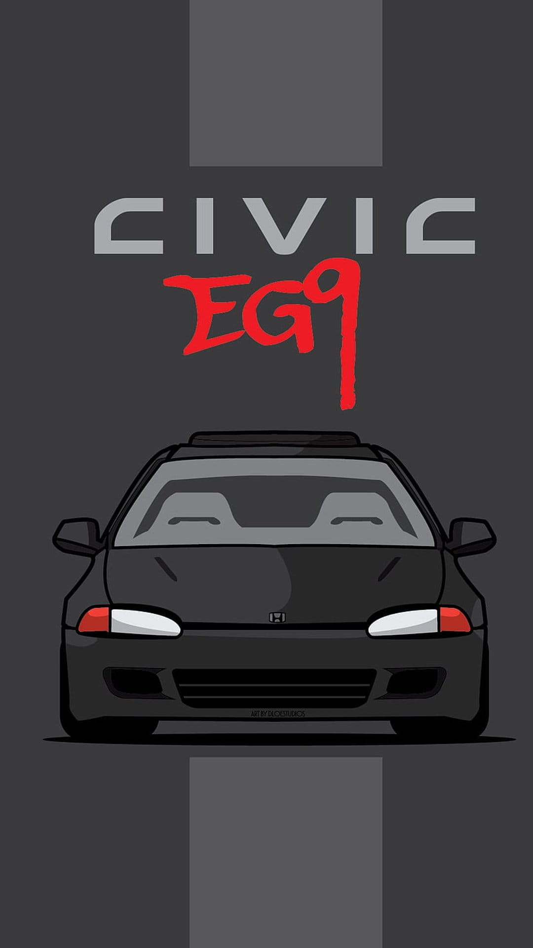 Honda Civic EG9 in dark gray with red graffiti text on the hood, glowing headlights, and a sunroof on top.
