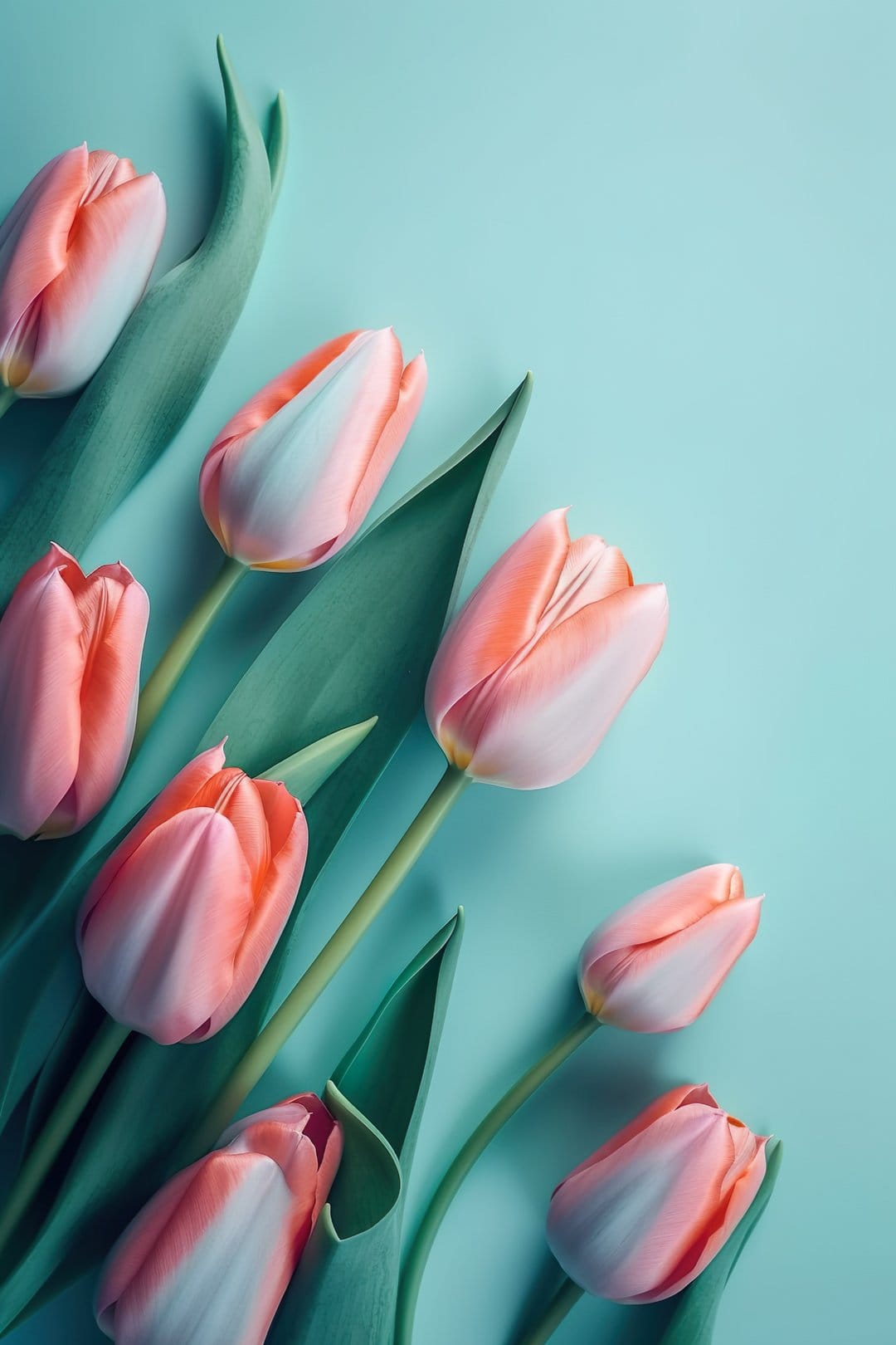 Pink and white tulips with green leaves arranged diagonally on a smooth teal background in a flat lay view.