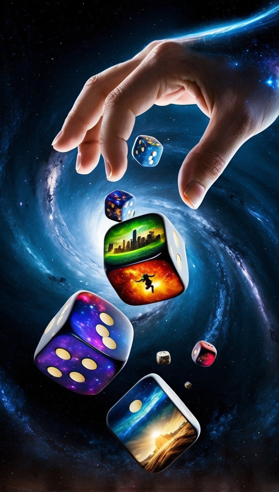 Hand dropping cubes etched with cities into a swirling purple galaxy with glowing stars and nebulae.