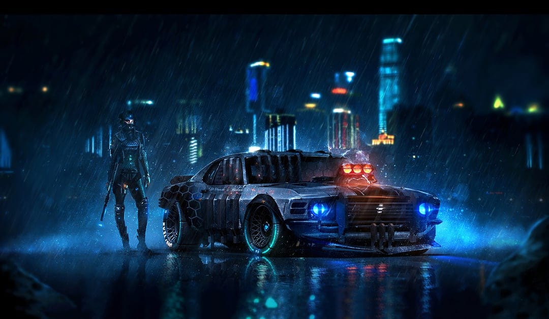 Modified black muscle car with blue headlights and a masked warrior standing in a dark rainy cyberpunk city.