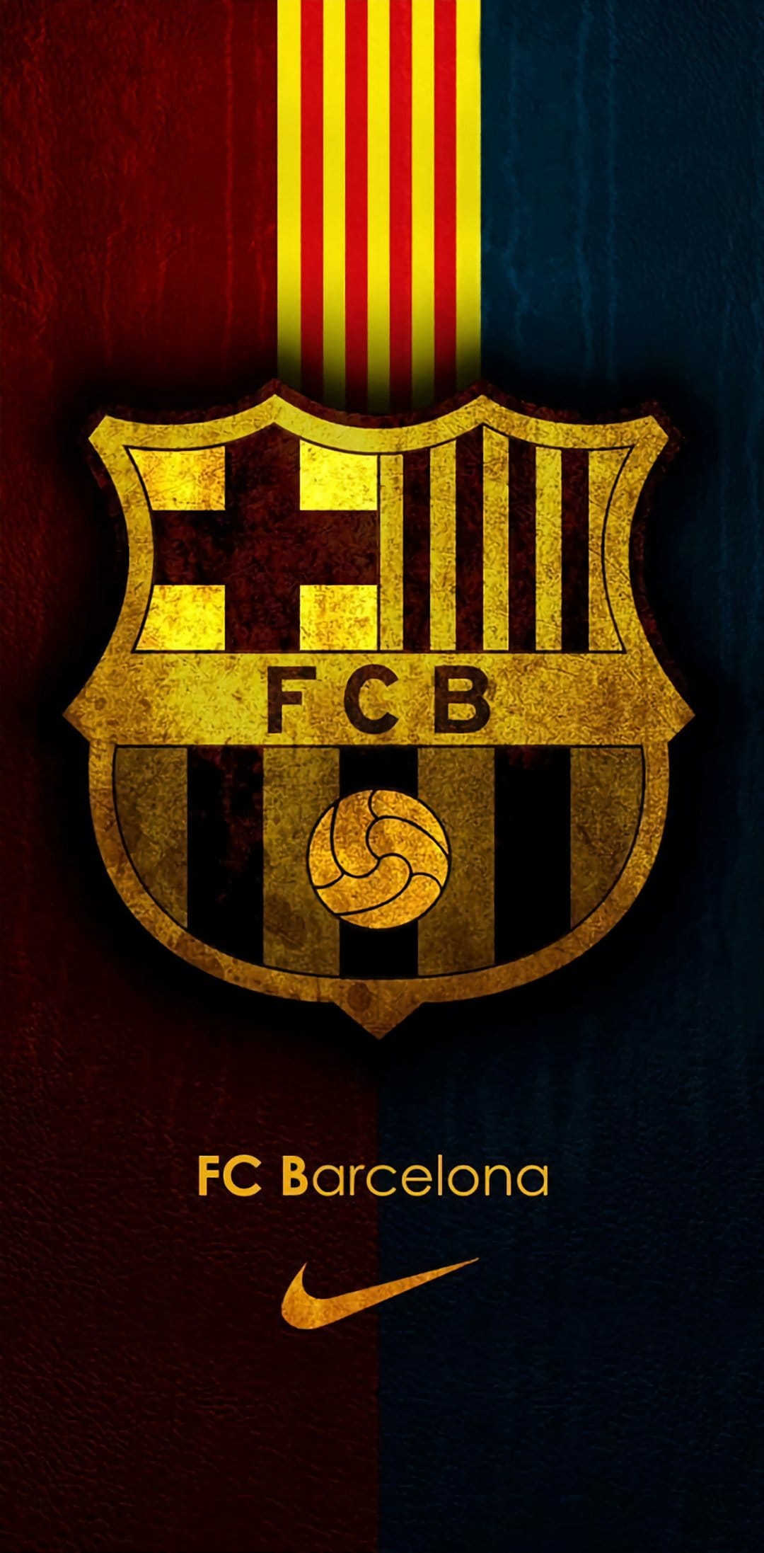 FC Barcelona vintage crest with gold trim and Nike swoosh on a split red and navy blue textured phone background.