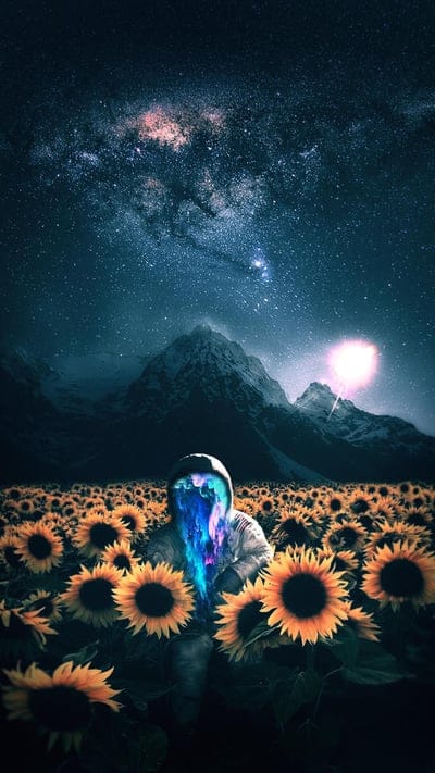 Surreal, sunflowers, night sky, stars, Milky Way, fantasy, dreamlike, mountains, figure, ethereal, cosmic, moonlight, field, nature, landscape, abstract, otherworldly, magical, dark, galaxy