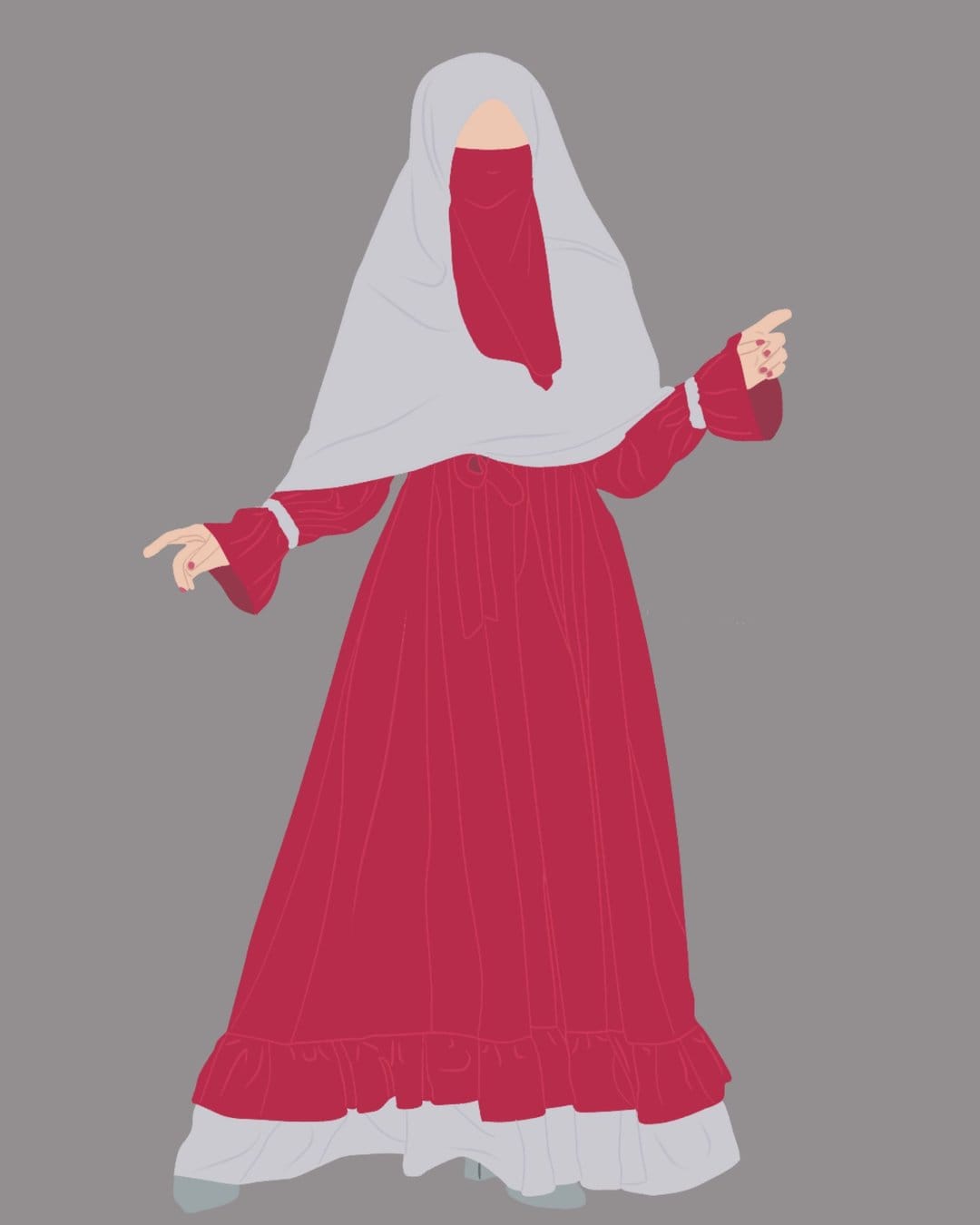 Muslim woman in a red ruffled abaya and grey niqab with arms outstretched against a solid grey background.
