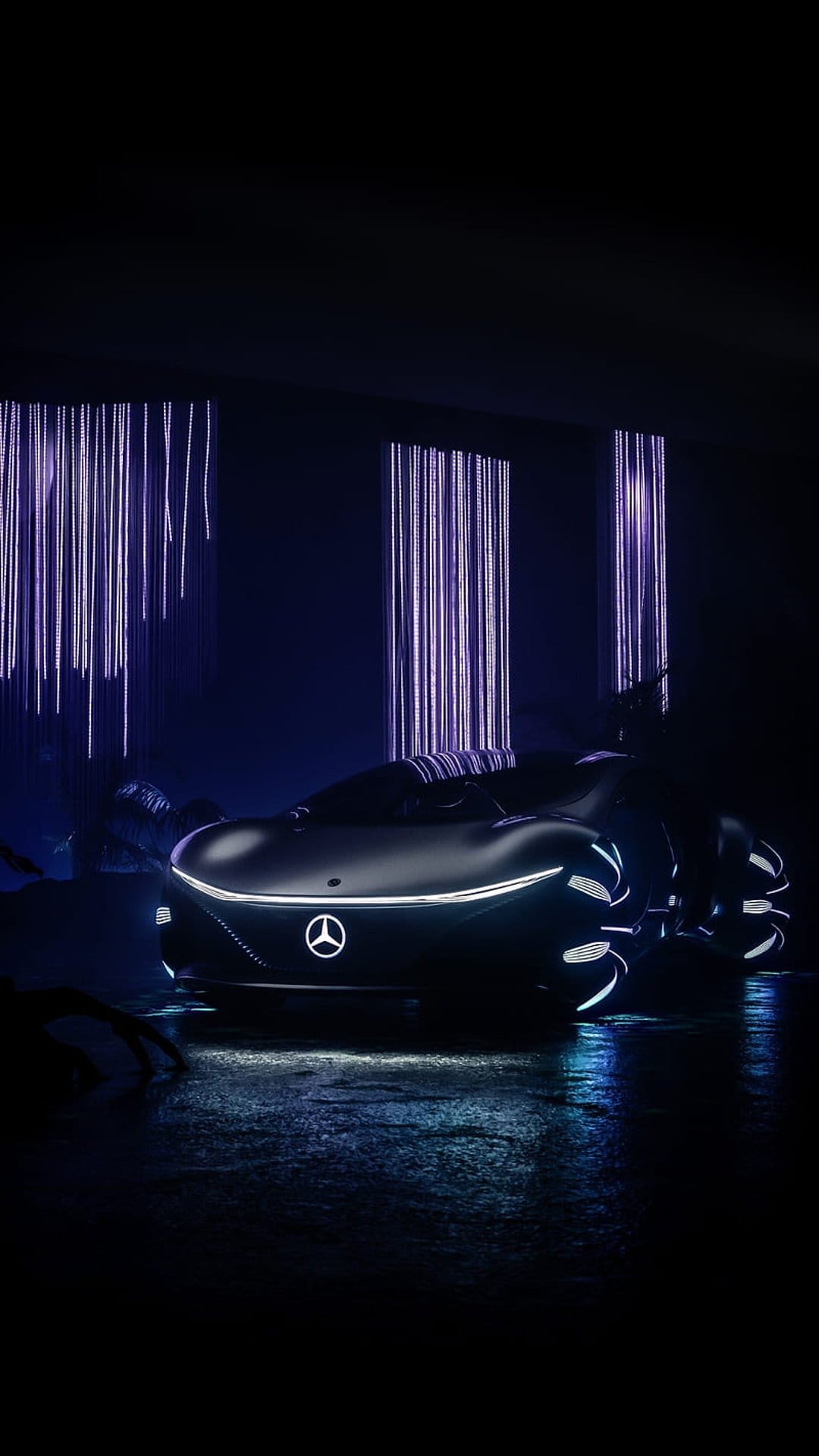 Mercedes-Benz concept car with glowing purple neon accents on a wet dark floor in a vertical studio setting.