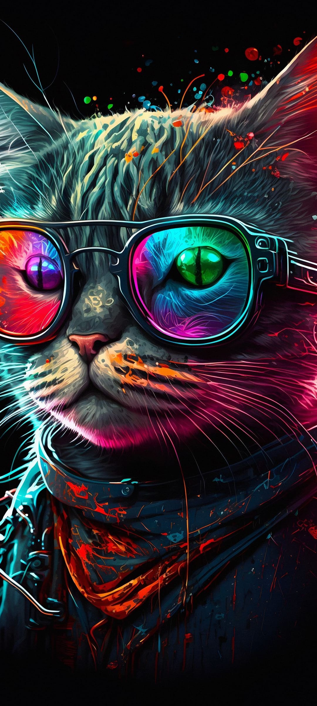 Feline wearing luminous neon glasses with green eyes and multi-colored paint splatters against a dark background.