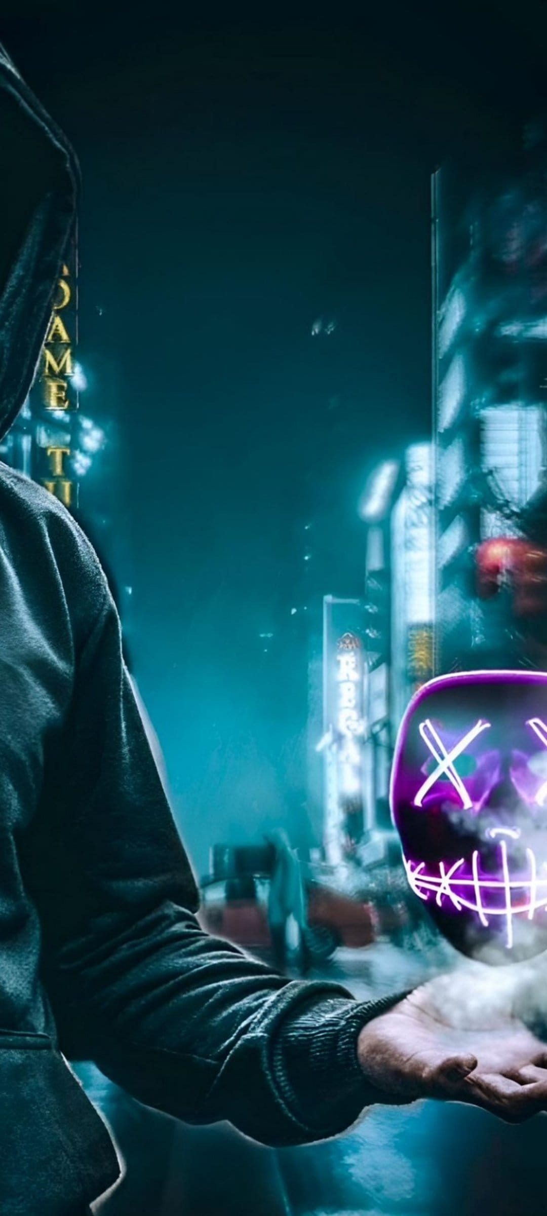 Person in a dark hoodie holding a glowing purple mask with blurred violet neon city lights in the background.