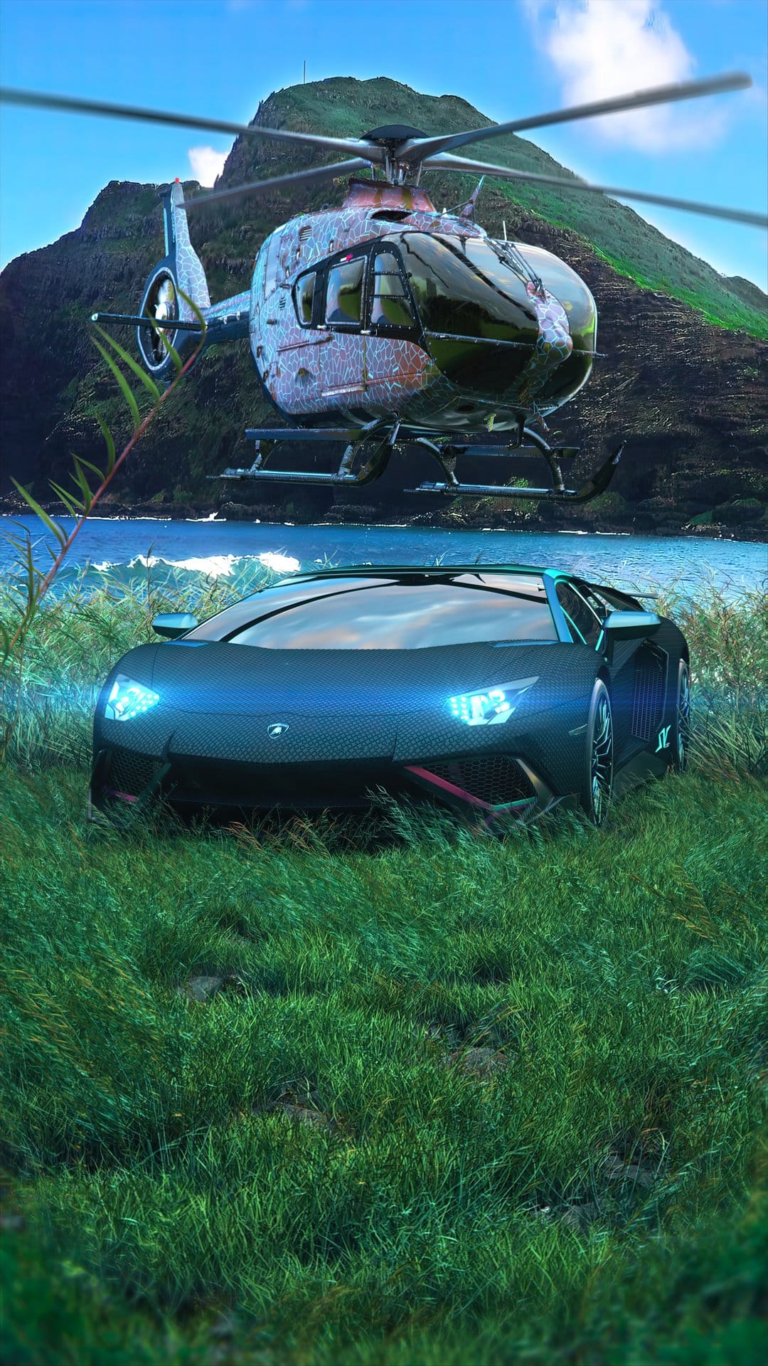 Sleek black sports car with blue lights parked under a hovering helicopter near mountains and the blue ocean.