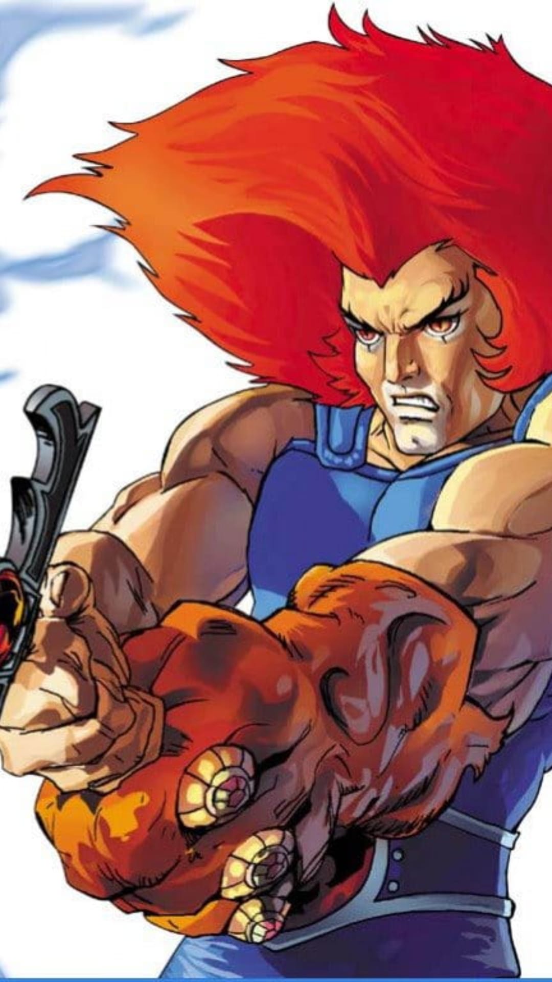 Lion-O with a thick red mane and blue tunic holds the Sword of Omens close to his determined face in a portrait.