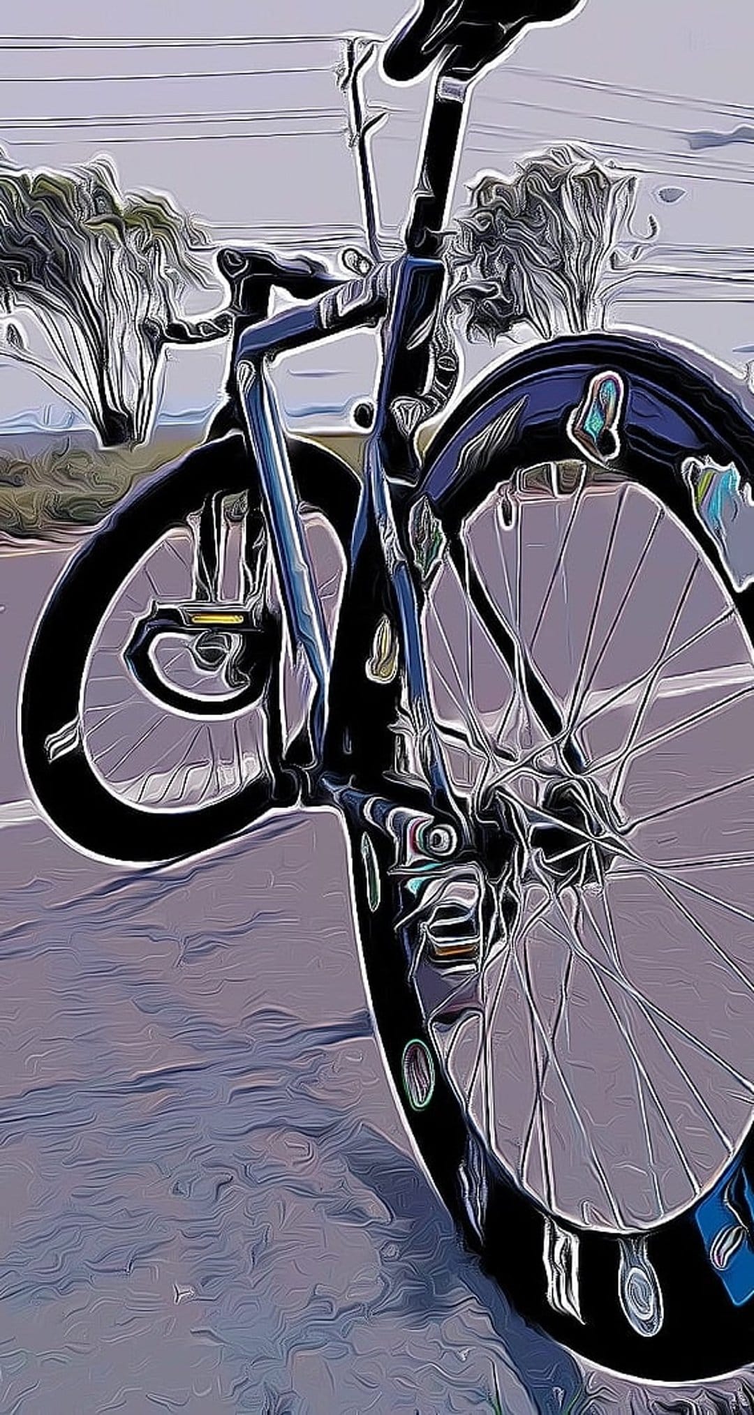 Road bicycle frame and spinning wheels move past a blurred landscape for a vertical smartphone display.