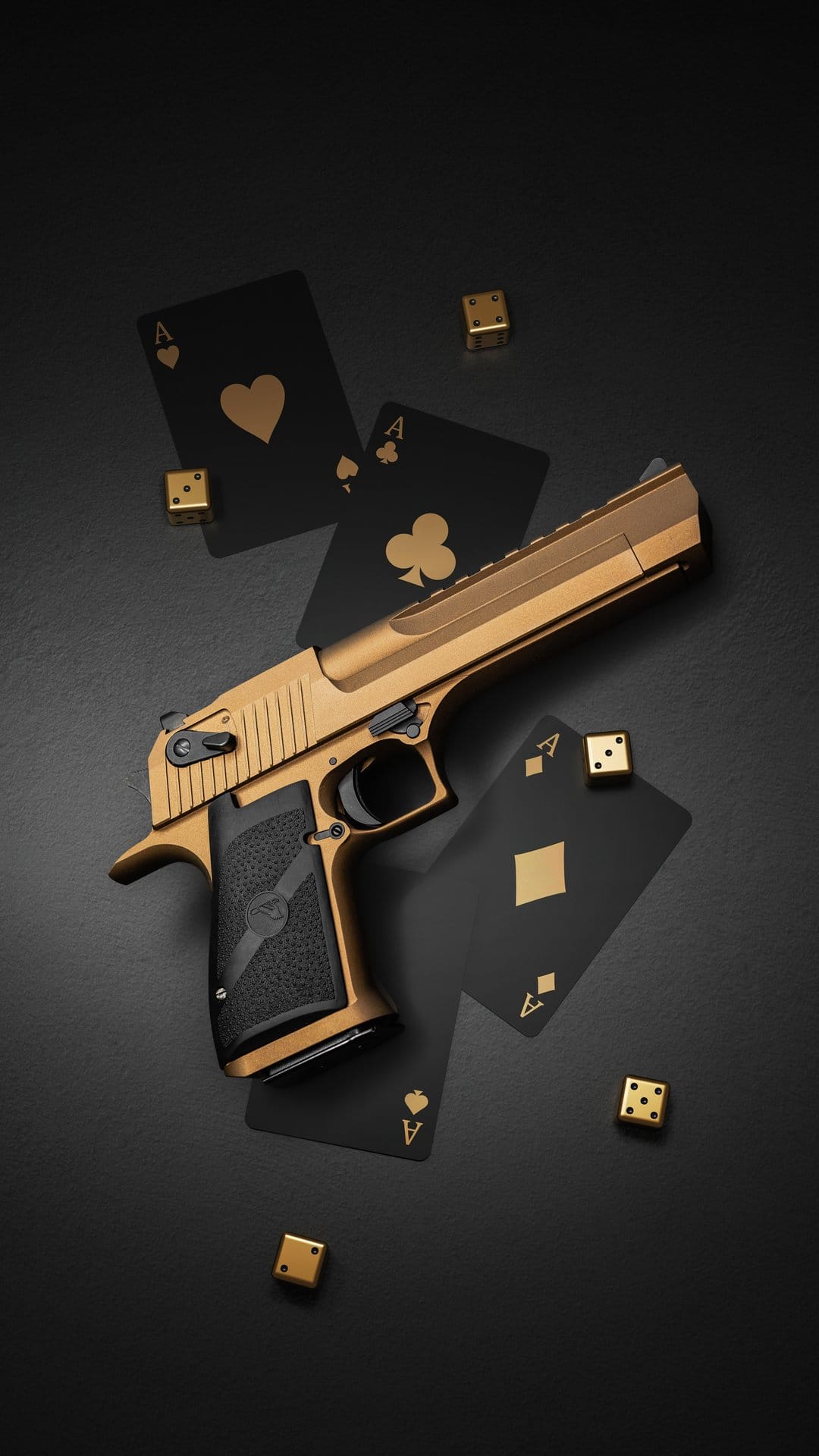 Golden Desert Eagle pistol surrounded by black playing cards with golden suits and scattered metallic dice.