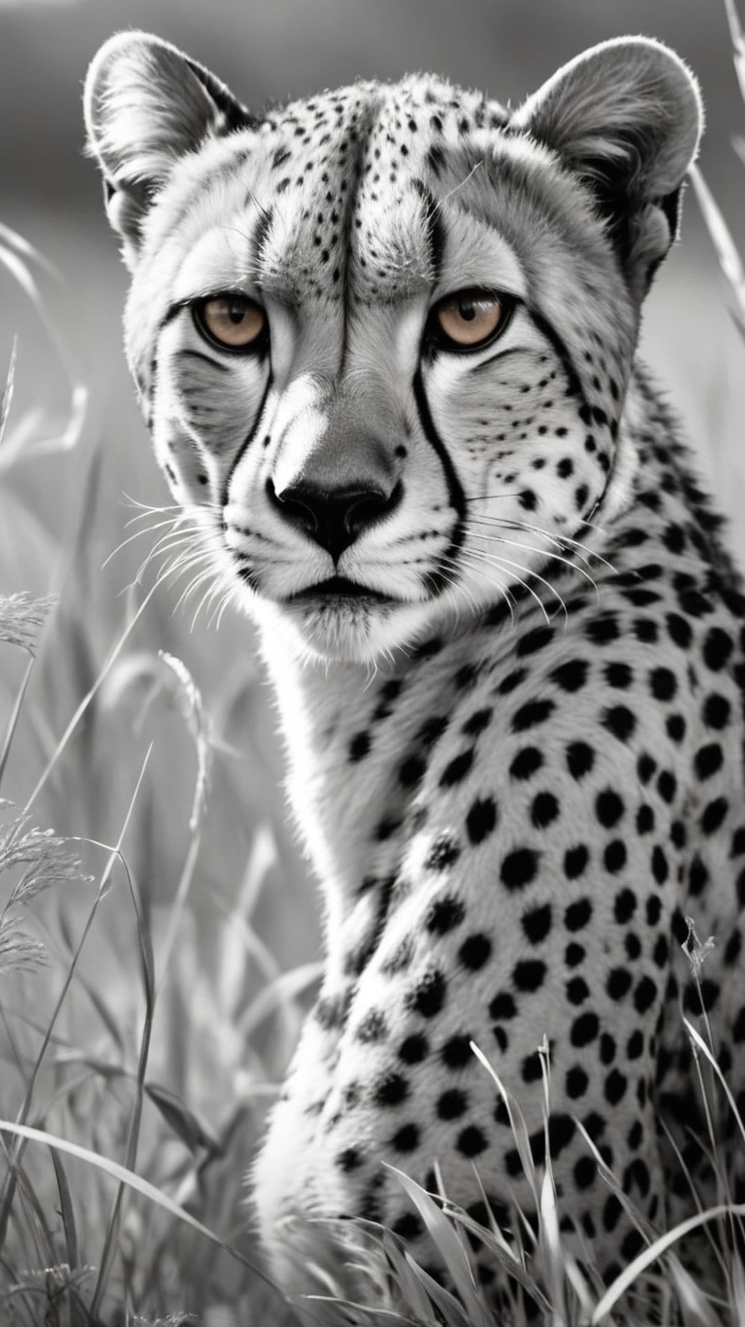 Cheetah head with spots and tear marks peers through tall grass in this high-contrast monochrome close-up.