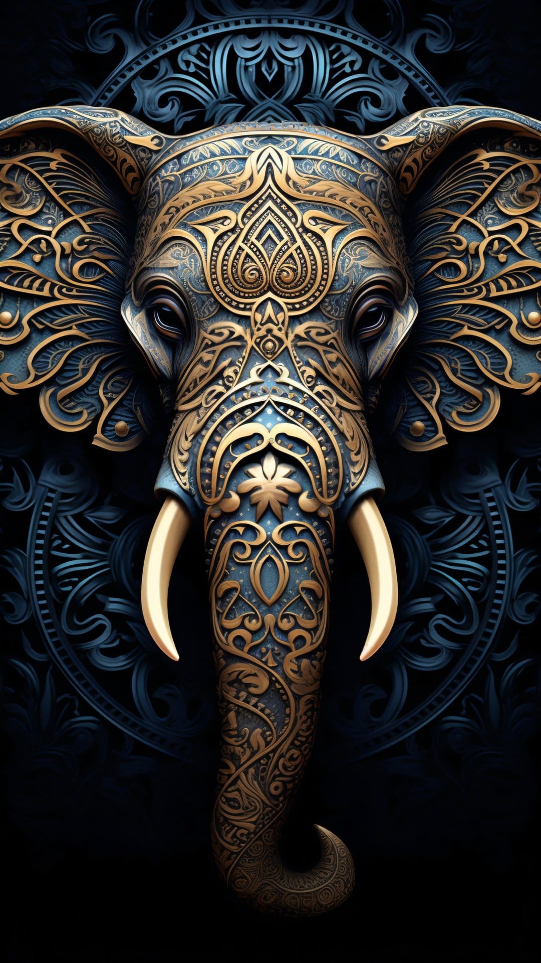 Elephant head with golden filigree and blue gemstone patterns centered against a solid black background.