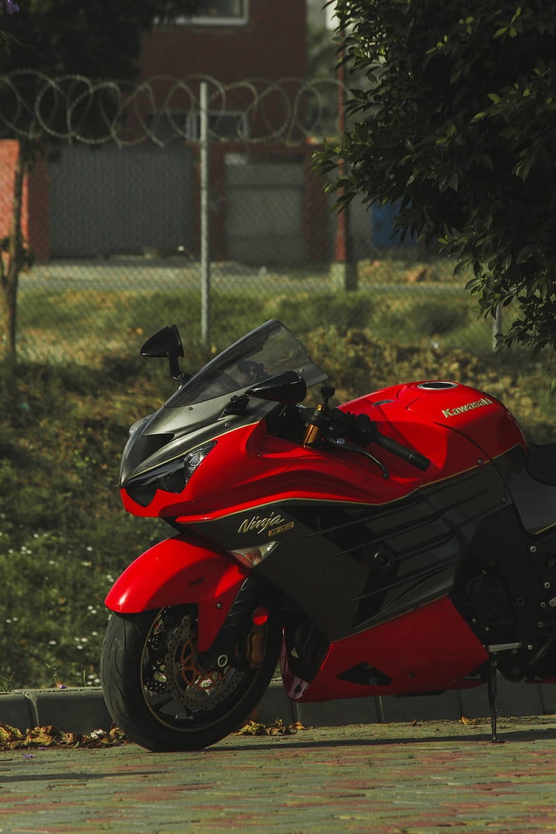 Red Kawasaki Ninja sportbike with black accents and a tinted windscreen parked on asphalt with a grass background.