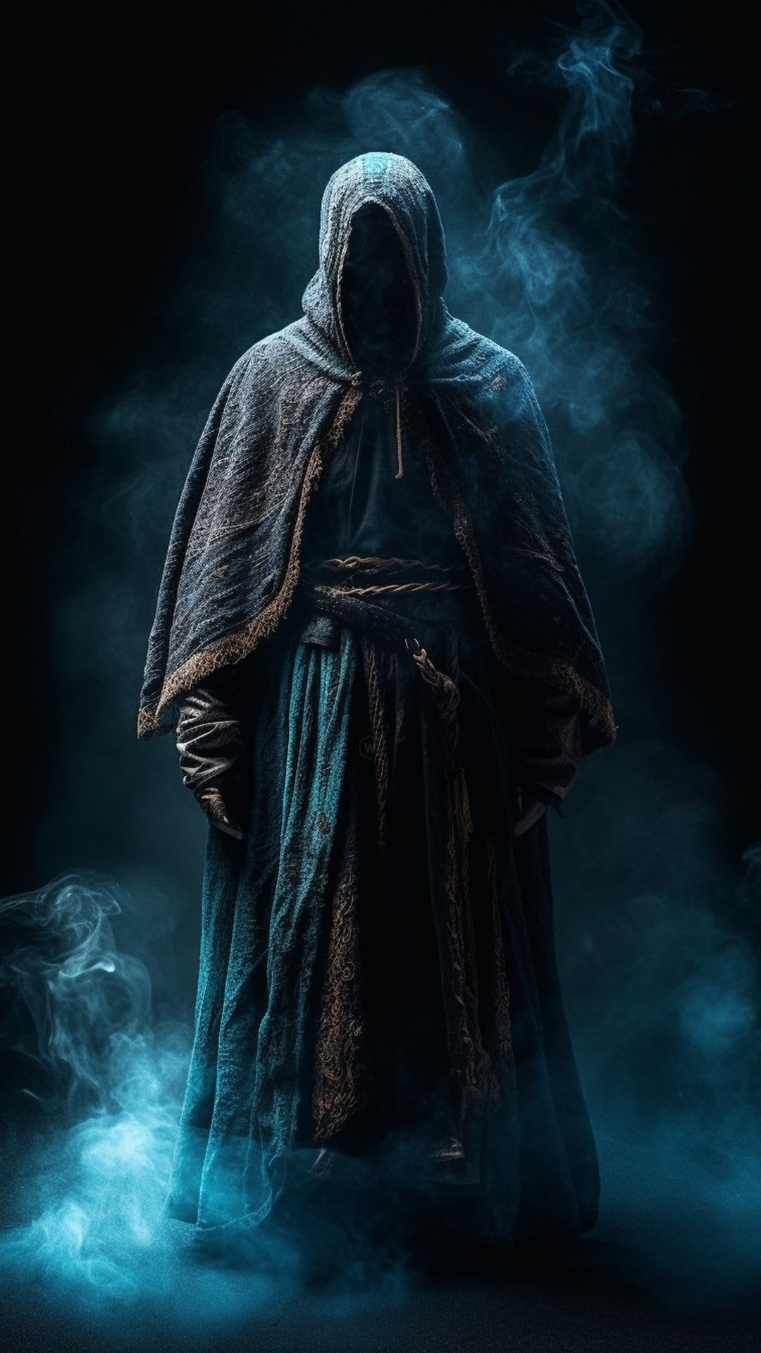 Hooded figure in dark robes stands shrouded by thick, swirling blue smoke against a deep black background.
