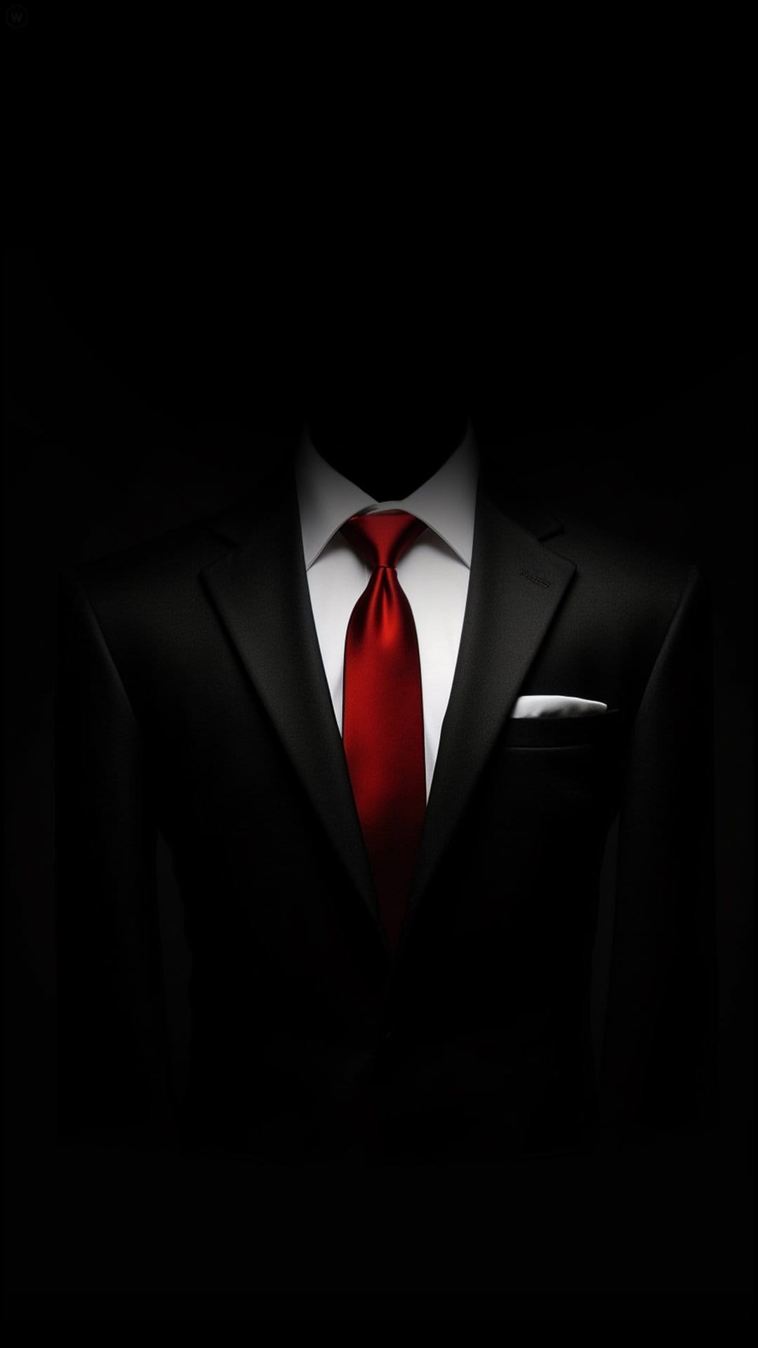Man wearing a tailored black suit with a bright red tie and white pocket square against a dark background.