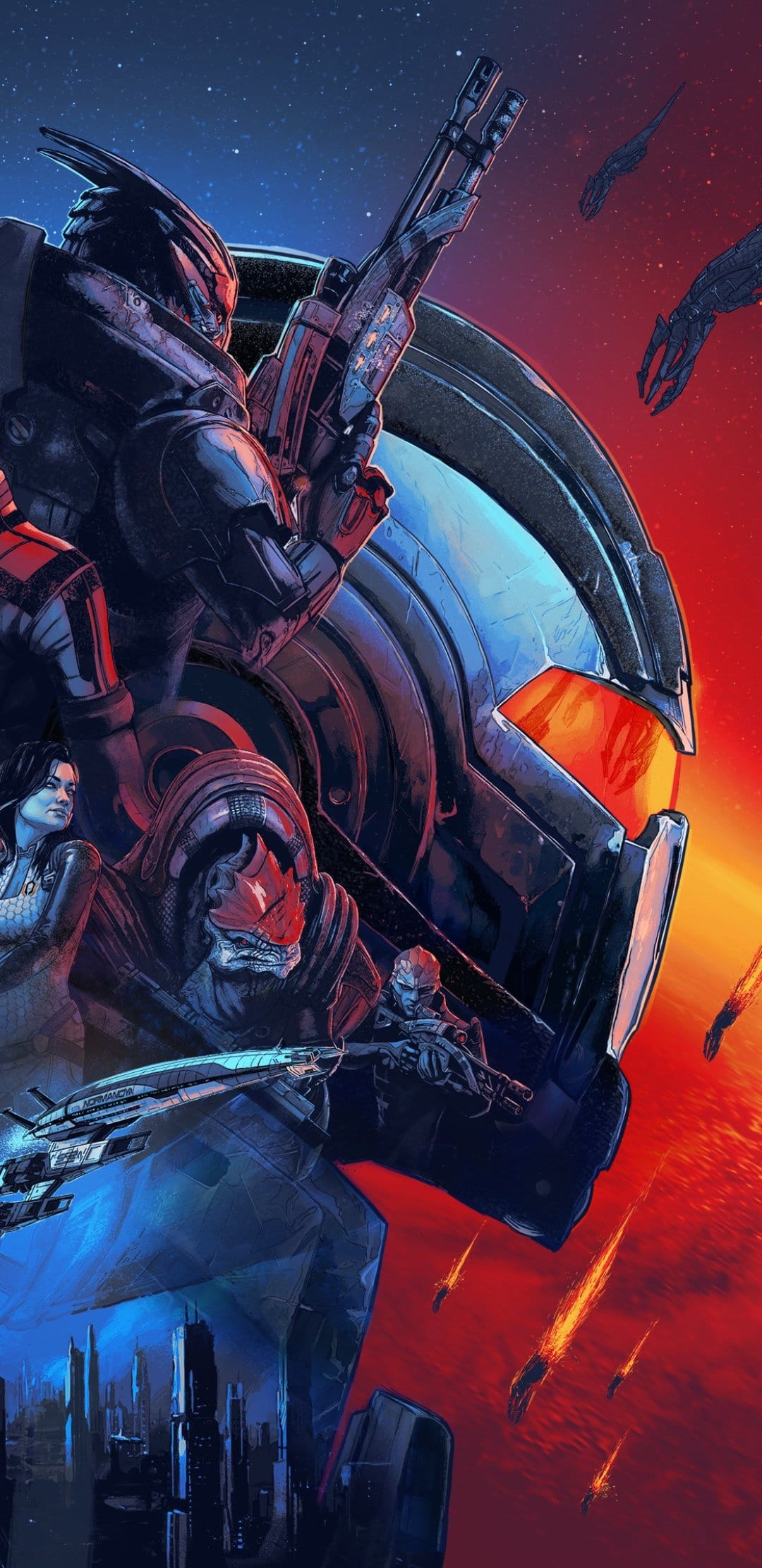 Garrus, Wrex, and Mordin stand beside a massive N7 helmet with falling Reapers in an orange and blue space scene.