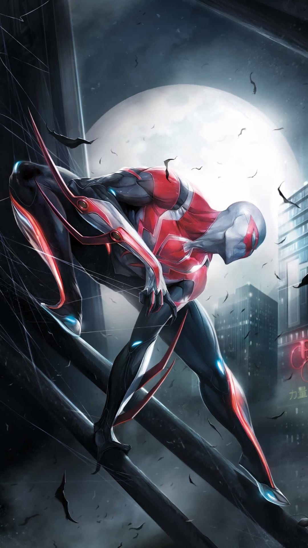 Spider-Man 2099 crouches on a dark ledge before a glowing moon and futuristic skyscrapers in a night city scene.