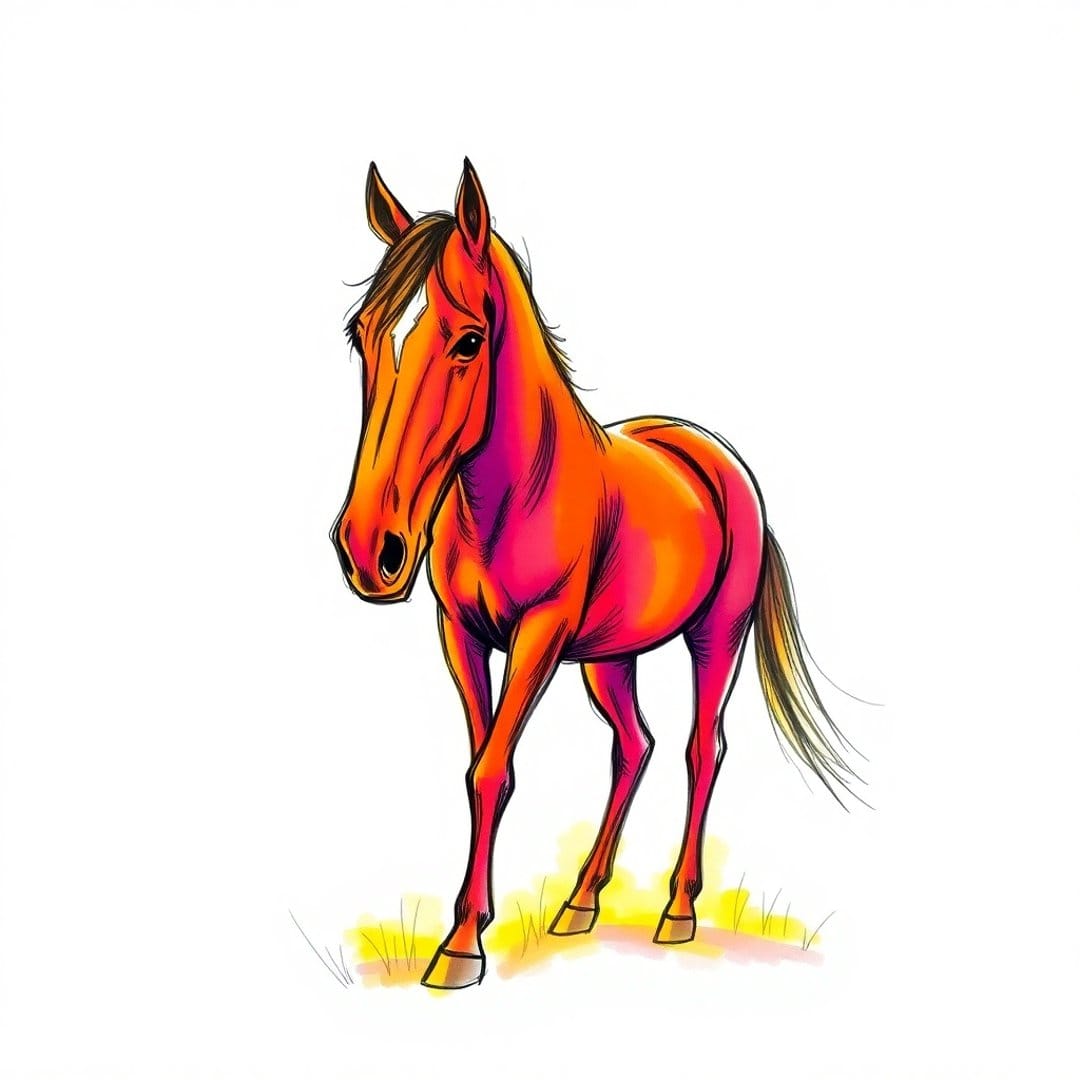 Orange and pink stylized horse standing over yellow grass blades against a solid white minimalist background.