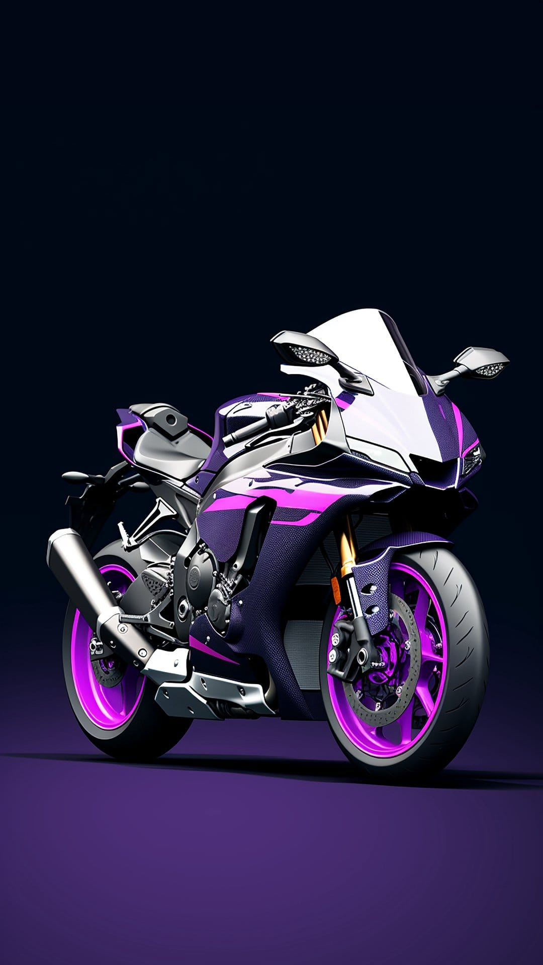 Purple and black sportbike with neon pink accents showcases sharp aerodynamic fairings and a dual-tone finish.
