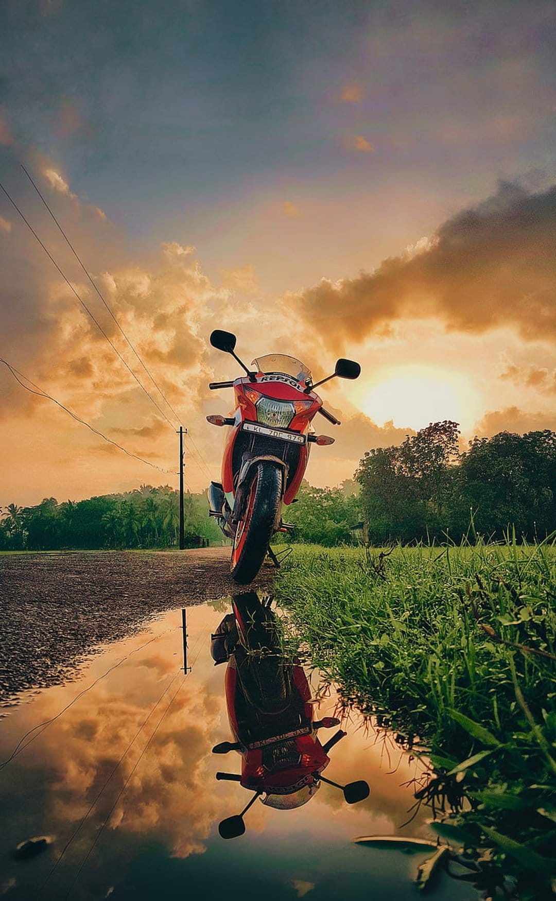 Red sportbike parked on wet asphalt reflecting a golden sunset sky with storm clouds and green foliage.