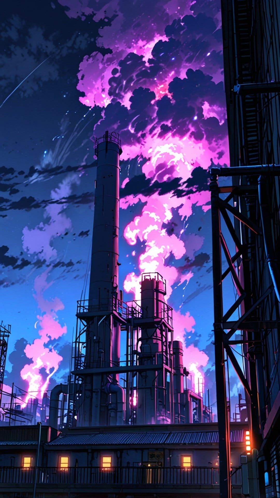 Industrial smokestacks release purple clouds into a midnight blue sky filled with stars and lit urban windows.
