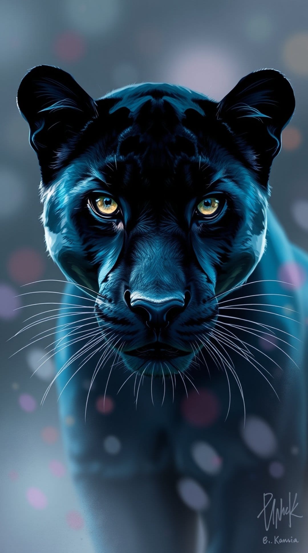 Black panther with intense yellow eyes and white whiskers set against a dark blue background with pink bokeh.