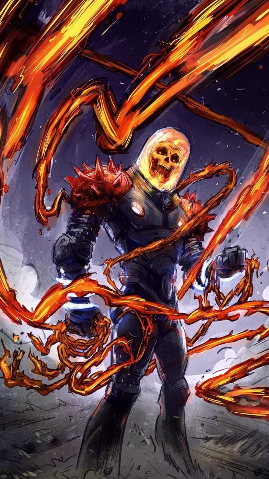 Ghost Rider with a flaming skull head swings glowing orange chains against a dark, smokey vertical background.